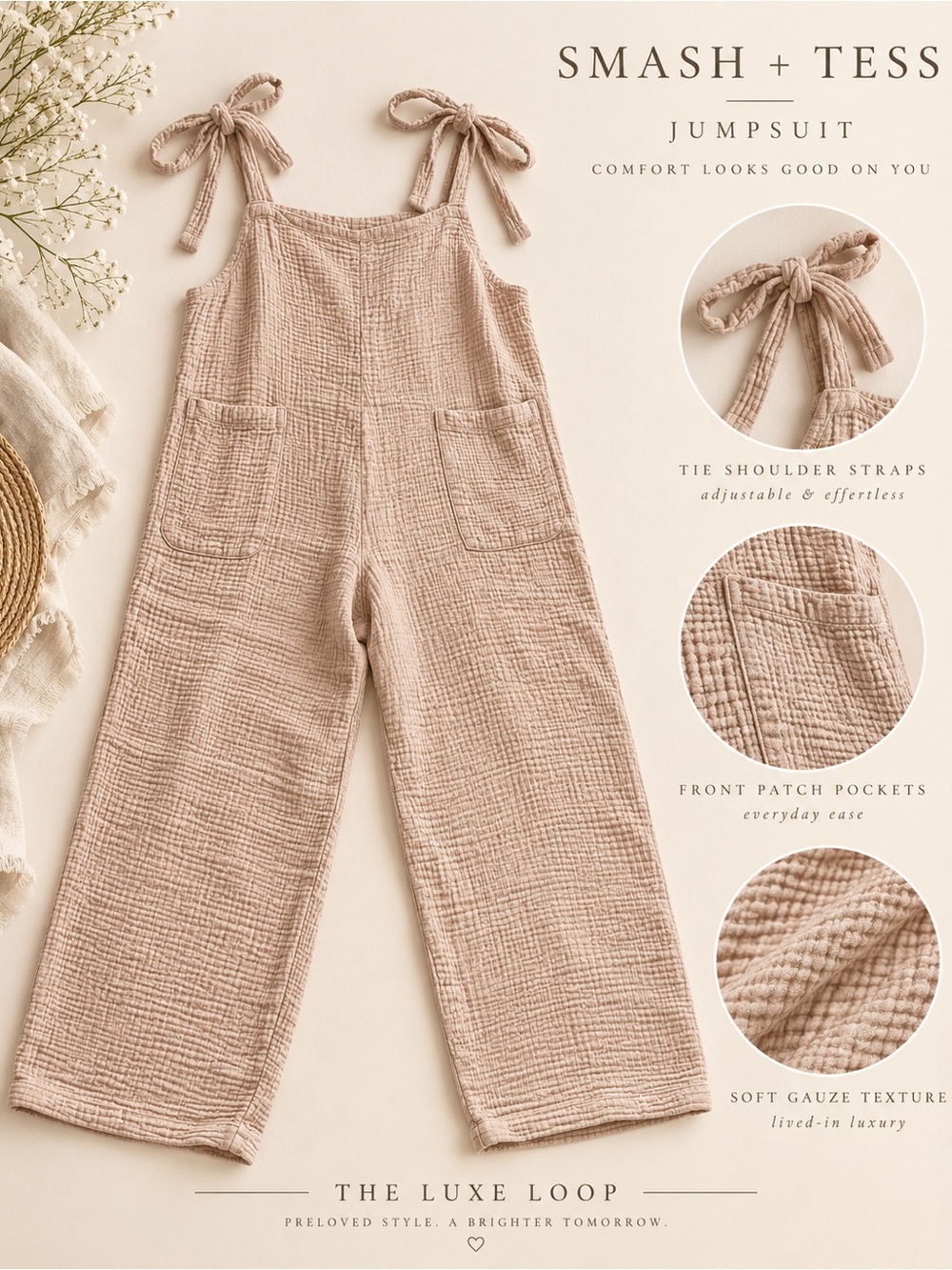 Smash + Tess Gauze Tie-Shoulder Jumpsuit